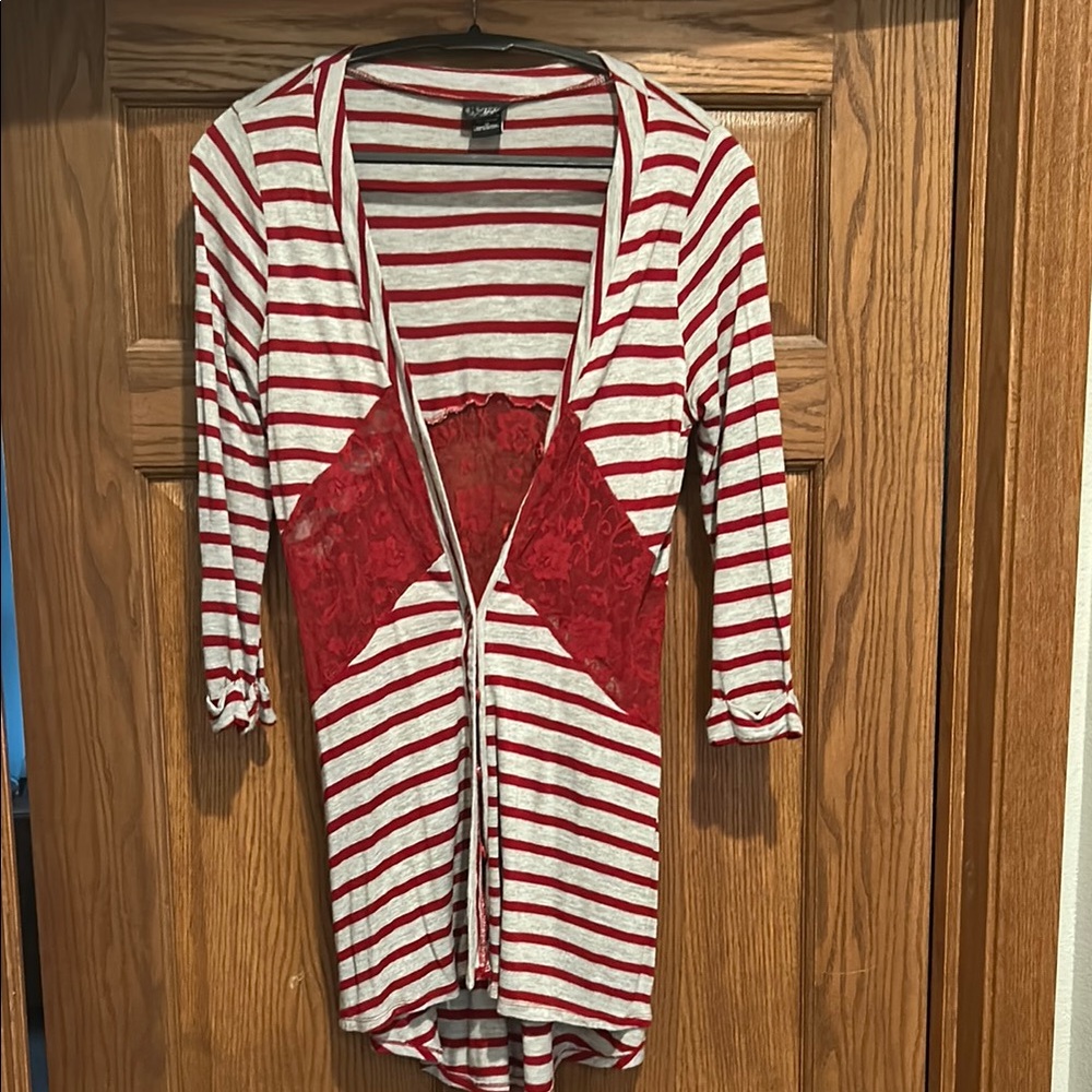 ➡️DAYTRIP⬅️ Red + Gray Striped Cardigan with Lace Detail